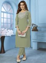 Cotton Light Green Casual Wear Embroidery Work Kurti With Pant